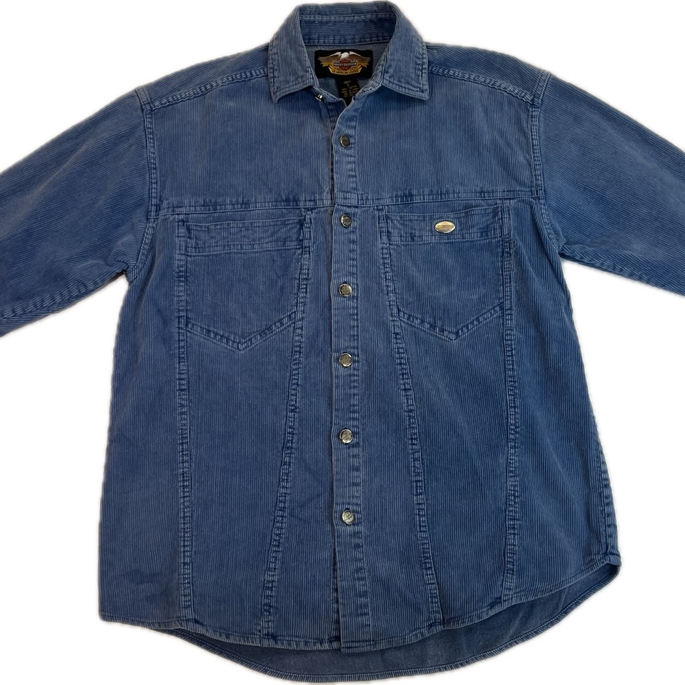 Harley Davidson Men's Blue Corduroy Shirt. Size Small, metal Harley logo buttons